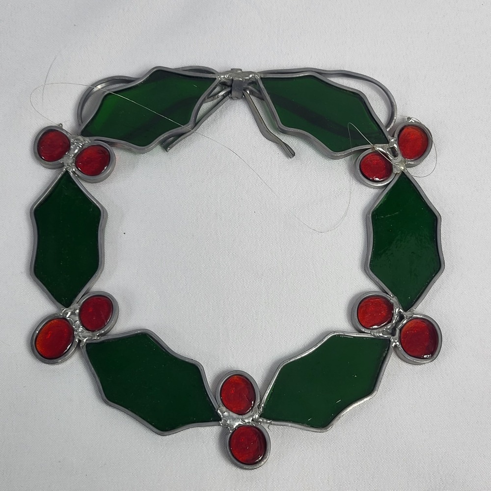 VTG Stained Glass Christmas Holly Wreath Suncatcher Handmade Holiday Decoration